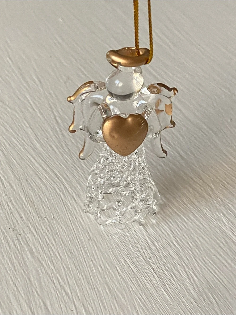 3D Clear Glass Angel Figurine with Gold Heart & Halo Christmas Ornament